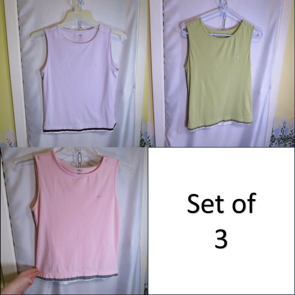 Athletic Works Tank Tops (3) 95% cotton Pink Purple Green Layered Look